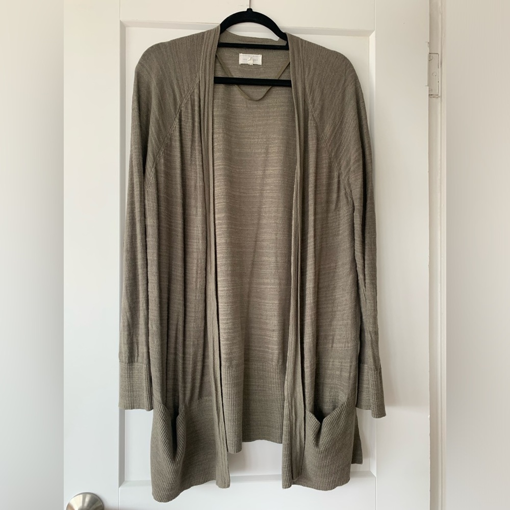 Lou & Grey Linen/Cotton Blend Olive/Taupe Open Front Long Cardigan Size Large